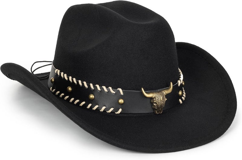 Vikodah Vintage Western Cowboy Hat for Men Women - Wide Brim Cowgirl Fedora Hats with Braided Rope Band M - Image 1